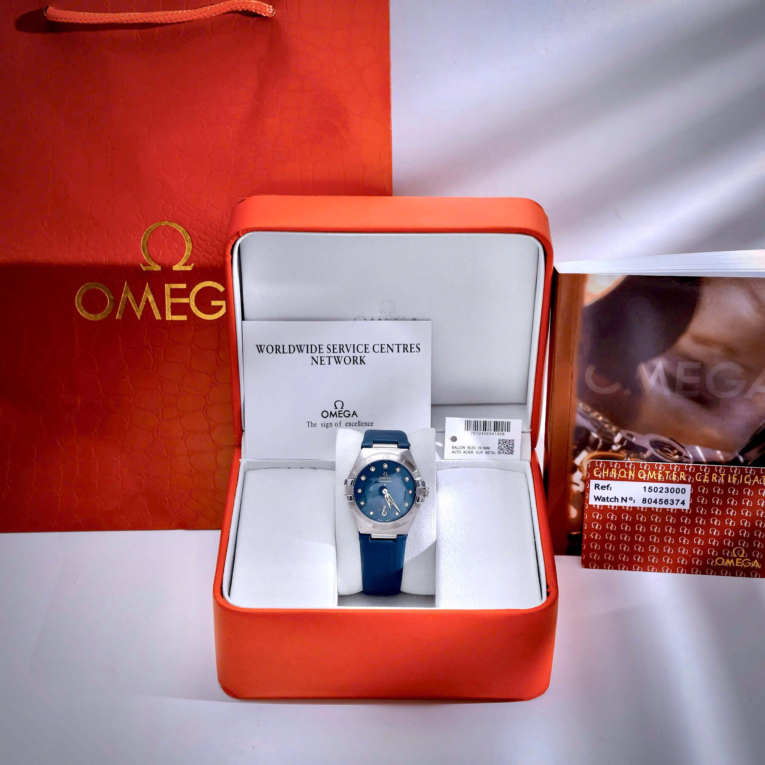Đồng Hồ Nữ Omega Constellation Dây Da Xanh Dương Vỏ Silver Niềng Trơn Size 34mm - Quartz Japan