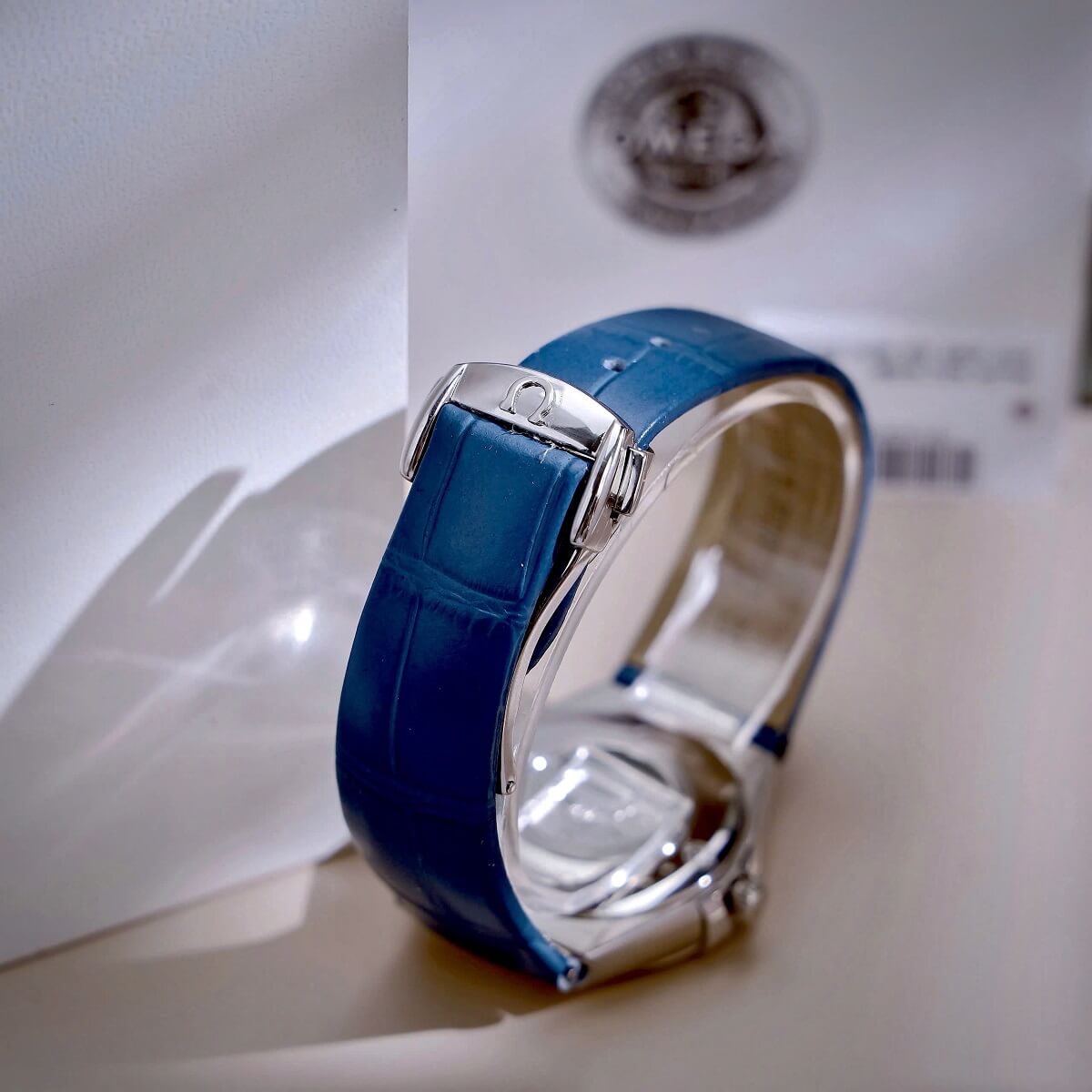 Đồng Hồ Nữ Omega Constellation Dây Da Xanh Kính Sapphire Vỏ Silver Size 34mm