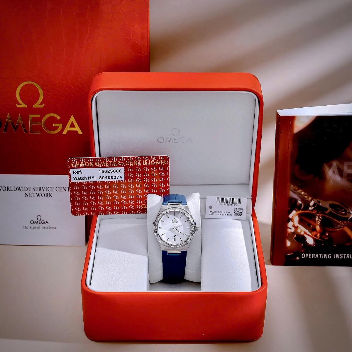 Đồng Hồ Nữ Omega Constellation Dây Da Xanh Kính Sapphire Vỏ Silver Size 34mm