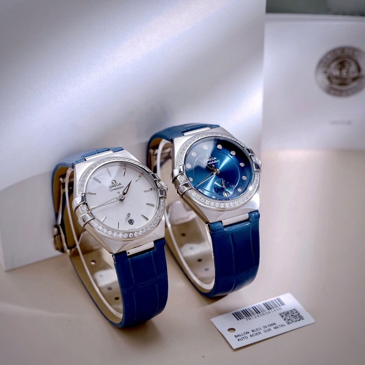 Đồng Hồ Nữ Omega Constellation Dây Da Xanh Kính Sapphire Vỏ Silver Size 34mm