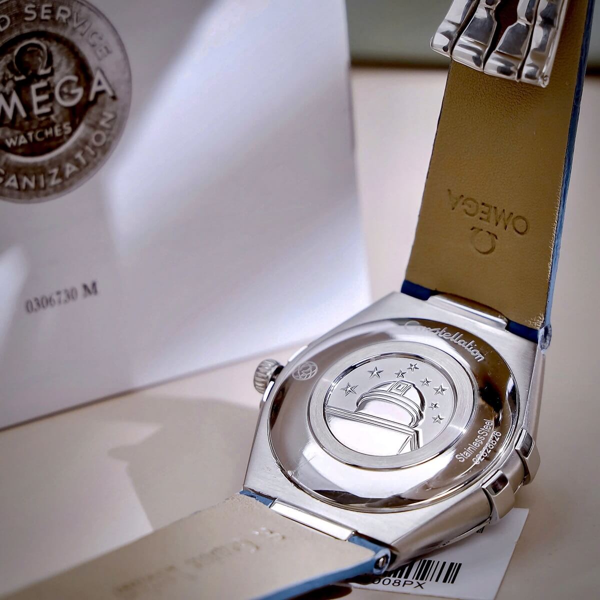 Đồng Hồ Nữ Omega Constellation Dây Da Xanh Kính Sapphire Vỏ Silver Size 34mm