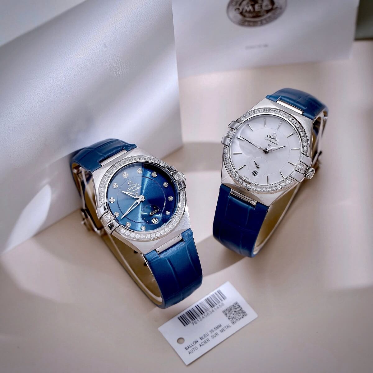 Đồng Hồ Nữ Omega Constellation Dây Da Xanh Kính Sapphire Vỏ Silver Size 34mm