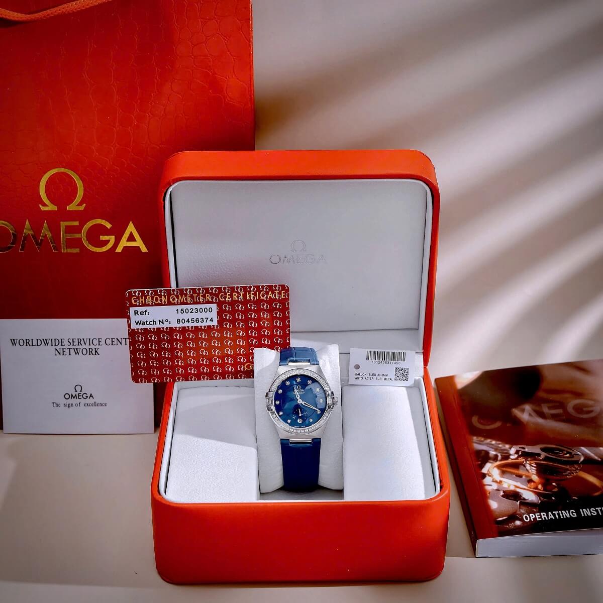 Đồng Hồ Nữ Omega Constellation Dây Da Xanh Kính Sapphire Vỏ Silver Size 34mm