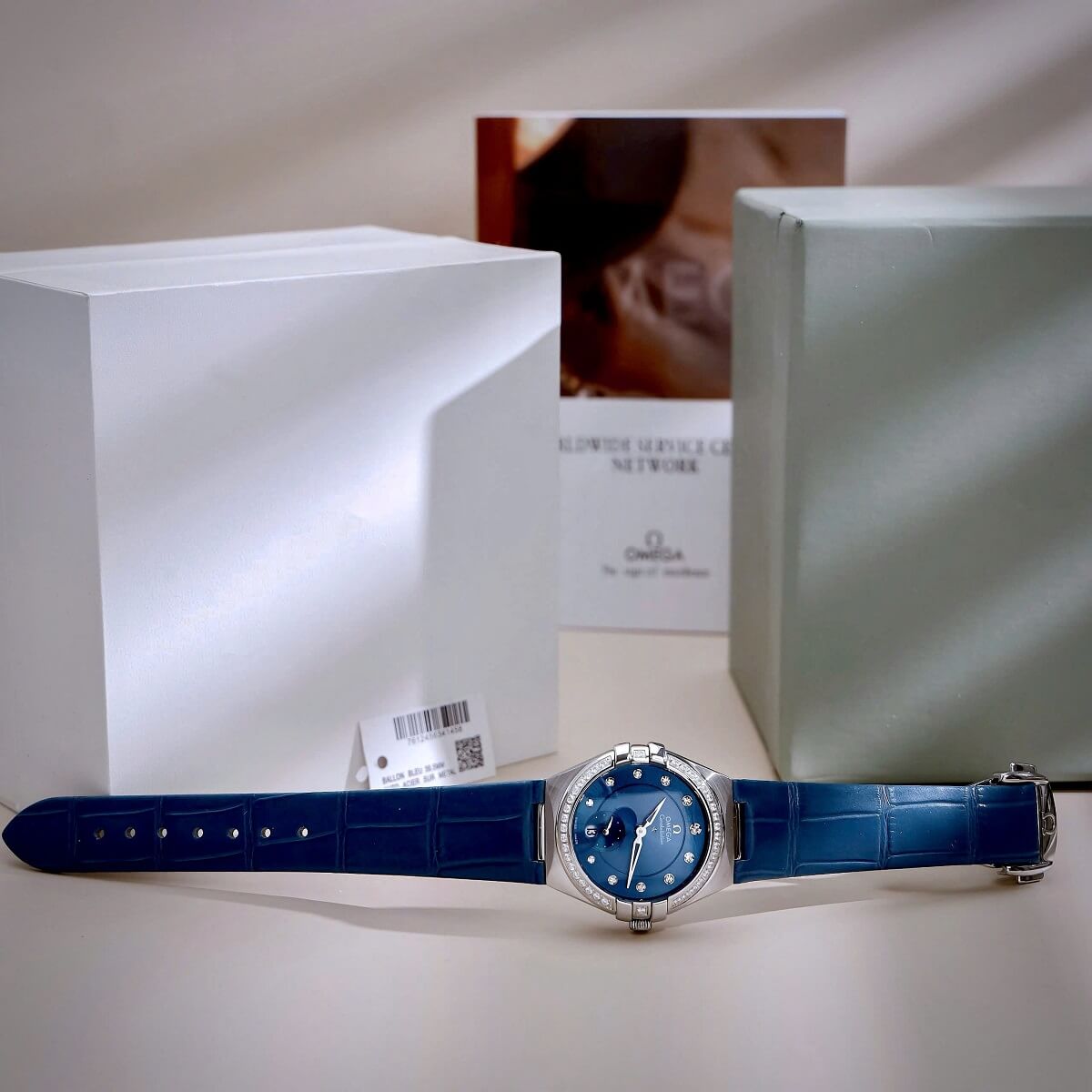 Đồng Hồ Nữ Omega Constellation Dây Da Xanh Kính Sapphire Vỏ Silver Size 34mm