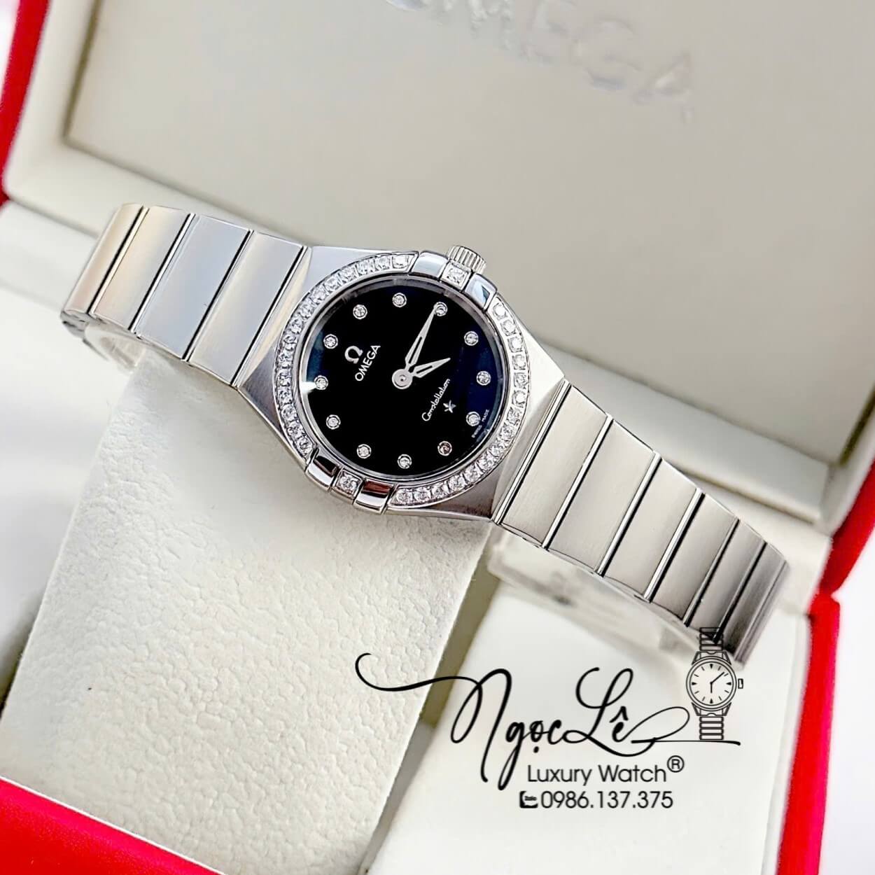 Đồng Hồ Nữ Omega Constellation Dây Kim Loại Silver Mặt Đen Đính Đá Size 29mm