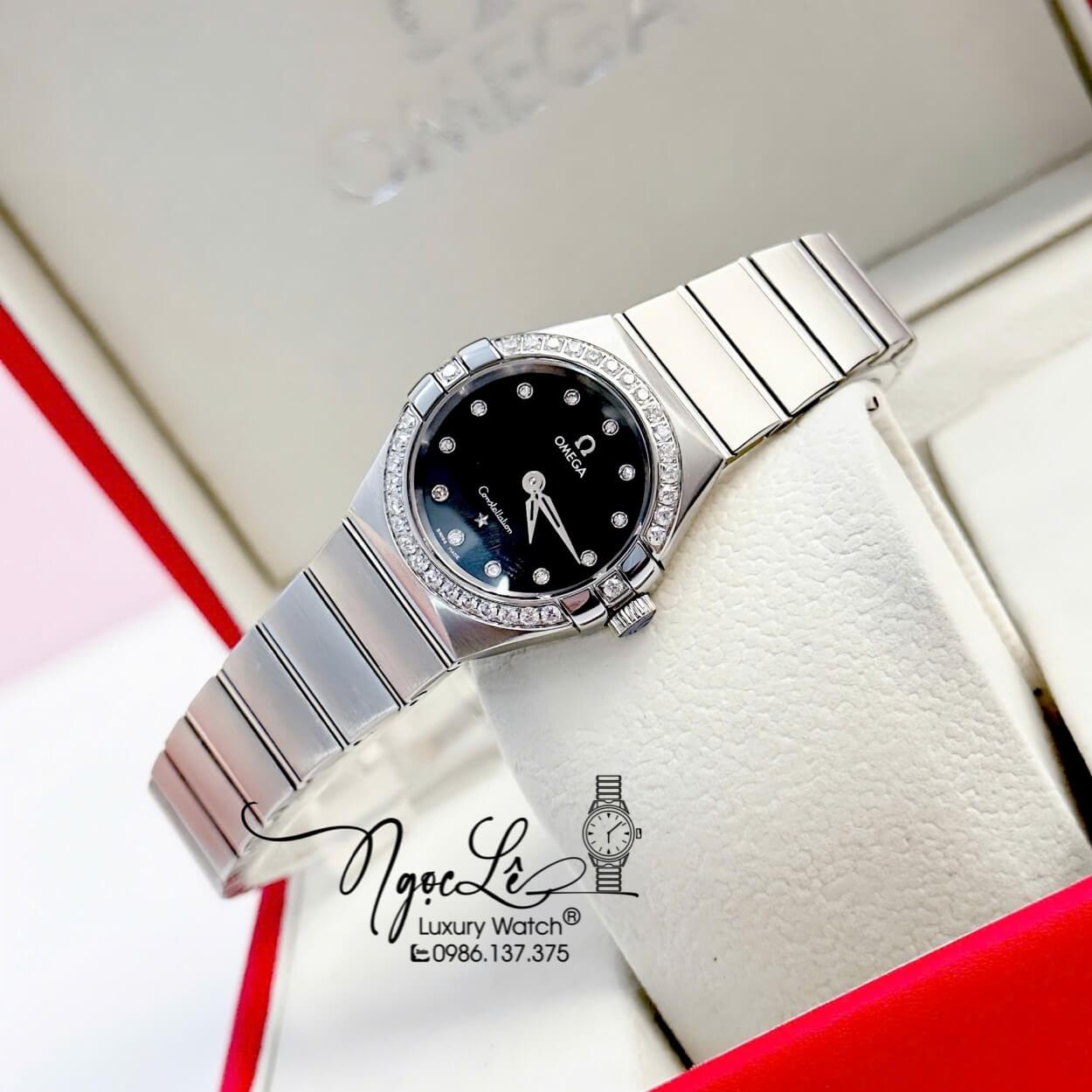 Đồng Hồ Nữ Omega Constellation Dây Kim Loại Silver Mặt Đen Đính Đá Size 29mm