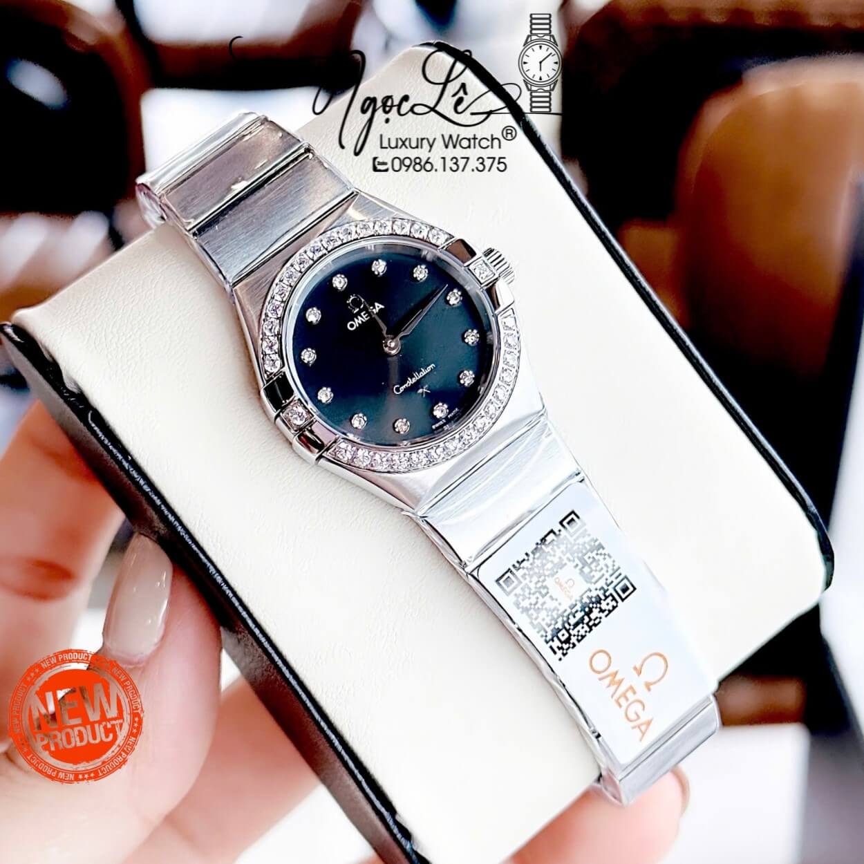 Đồng Hồ Nữ Omega Constellation Dây Kim Loại Silver Mặt Đen Đính Đá Size 29mm
