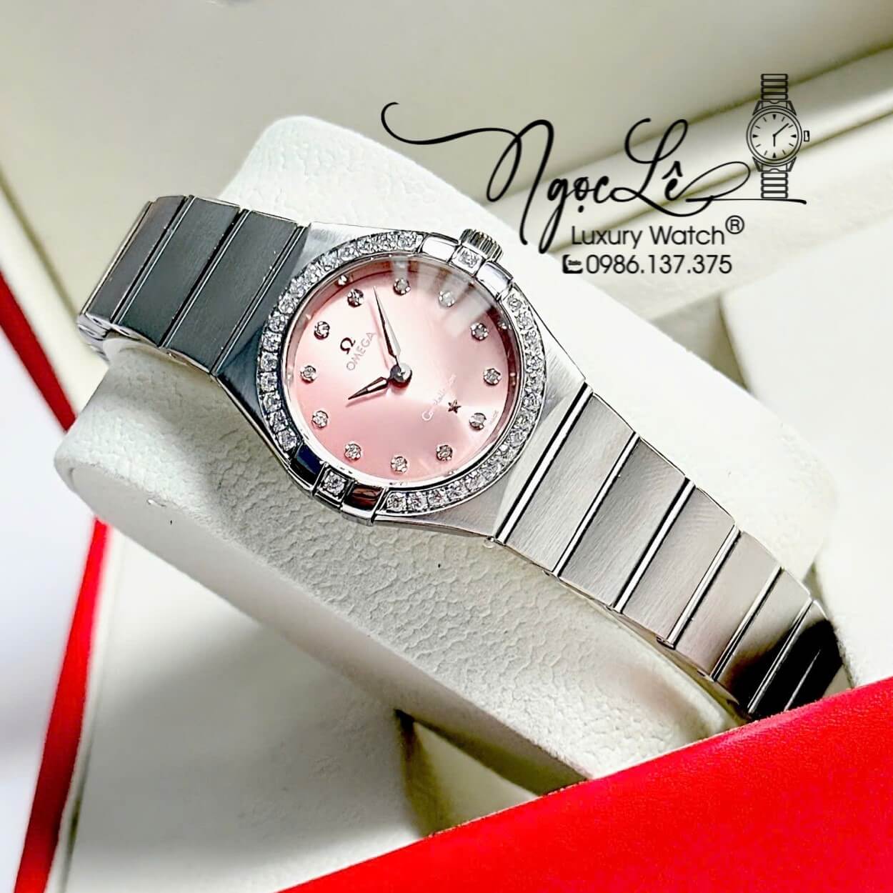 Đồng Hồ Nữ Omega Constellation Dây Kim Loại Silver Mặt Hồng Pastel Đính Đá Size 29mm