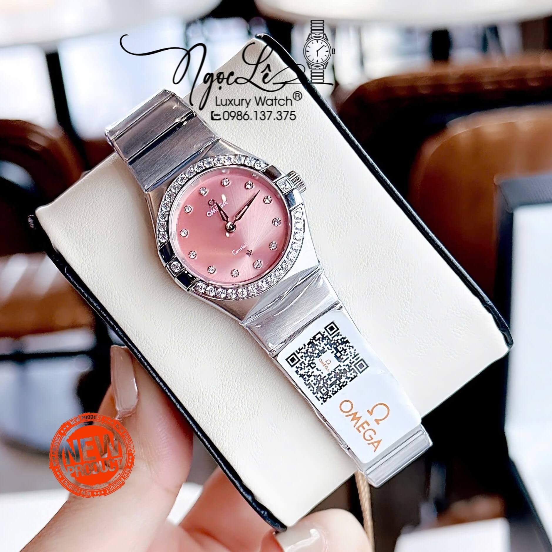 Đồng Hồ Nữ Omega Constellation Dây Kim Loại Silver Mặt Hồng Pastel Đính Đá Size 29mm