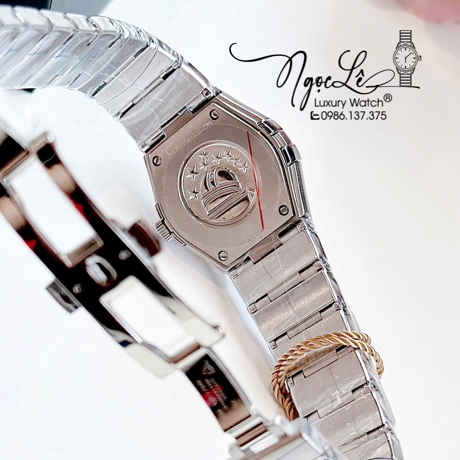 Đồng Hồ Nữ Omega Constellation Dây Kim Loại Silver Mặt Tím Nhạt Đính Đá Size 29mm