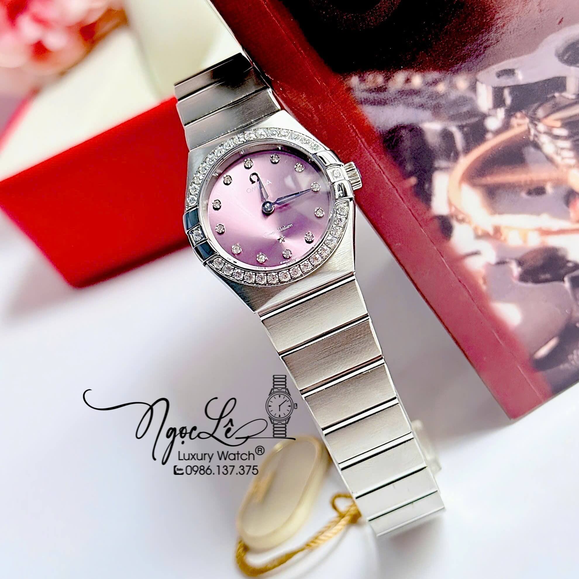 Đồng Hồ Nữ Omega Constellation Dây Kim Loại Silver Mặt Tím Nhạt Đính Đá Size 29mm