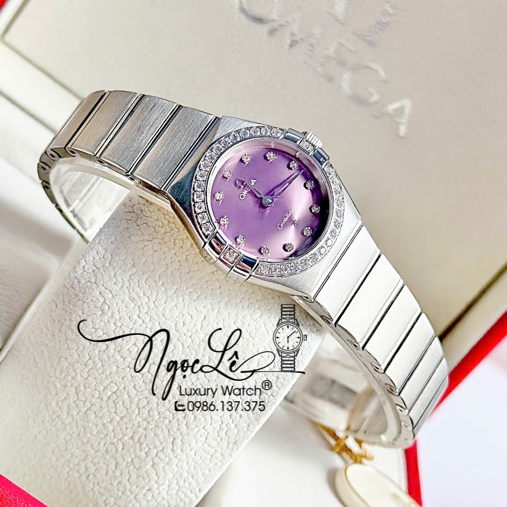 Đồng Hồ Nữ Omega Constellation Dây Kim Loại Silver Mặt Tím Nhạt Đính Đá Size 29mm