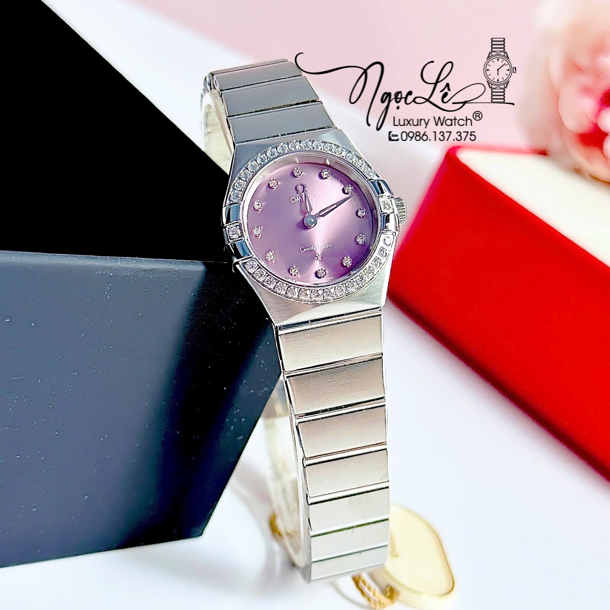 Đồng Hồ Nữ Omega Constellation Dây Kim Loại Silver Mặt Tím Nhạt Đính Đá Size 29mm