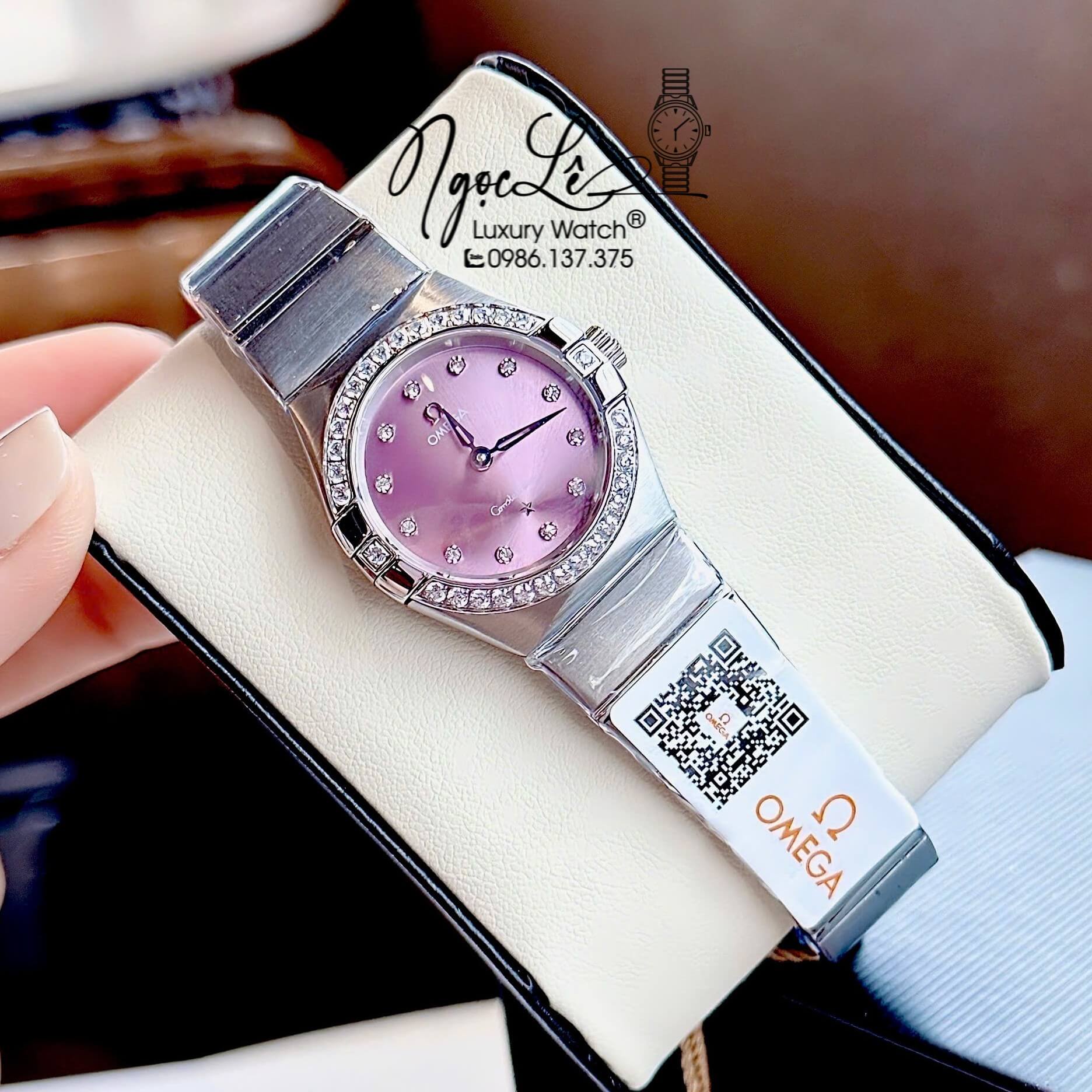 Đồng Hồ Nữ Omega Constellation Dây Kim Loại Silver Mặt Tím Nhạt Đính Đá Size 29mm