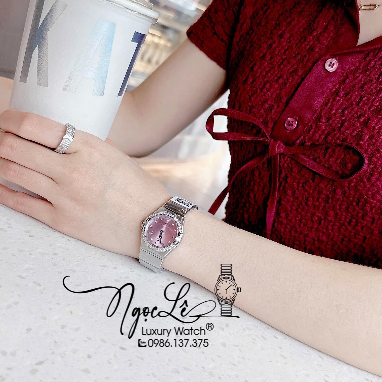 Đồng Hồ Nữ Omega Constellation Dây Kim Loại Silver Mặt Tím Nhạt Đính Đá Size 29mm