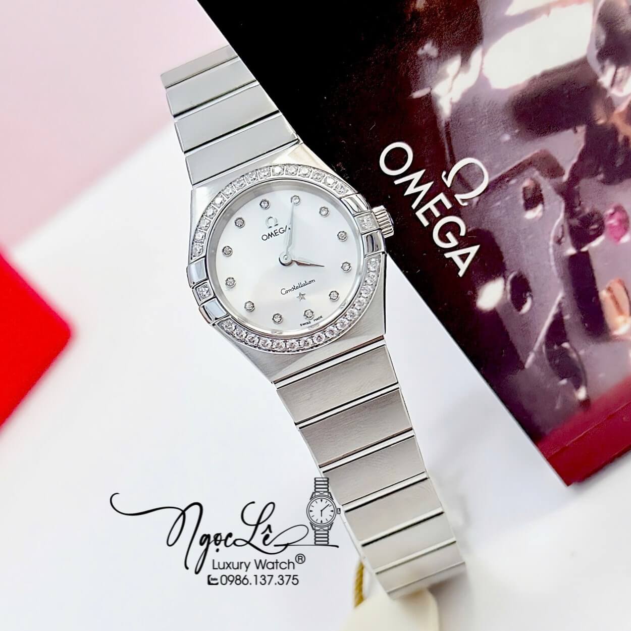 Đồng Hồ Nữ Omega Constellation Dây Kim Loại Silver Mặt Trắng Đính Đá Size 29mm