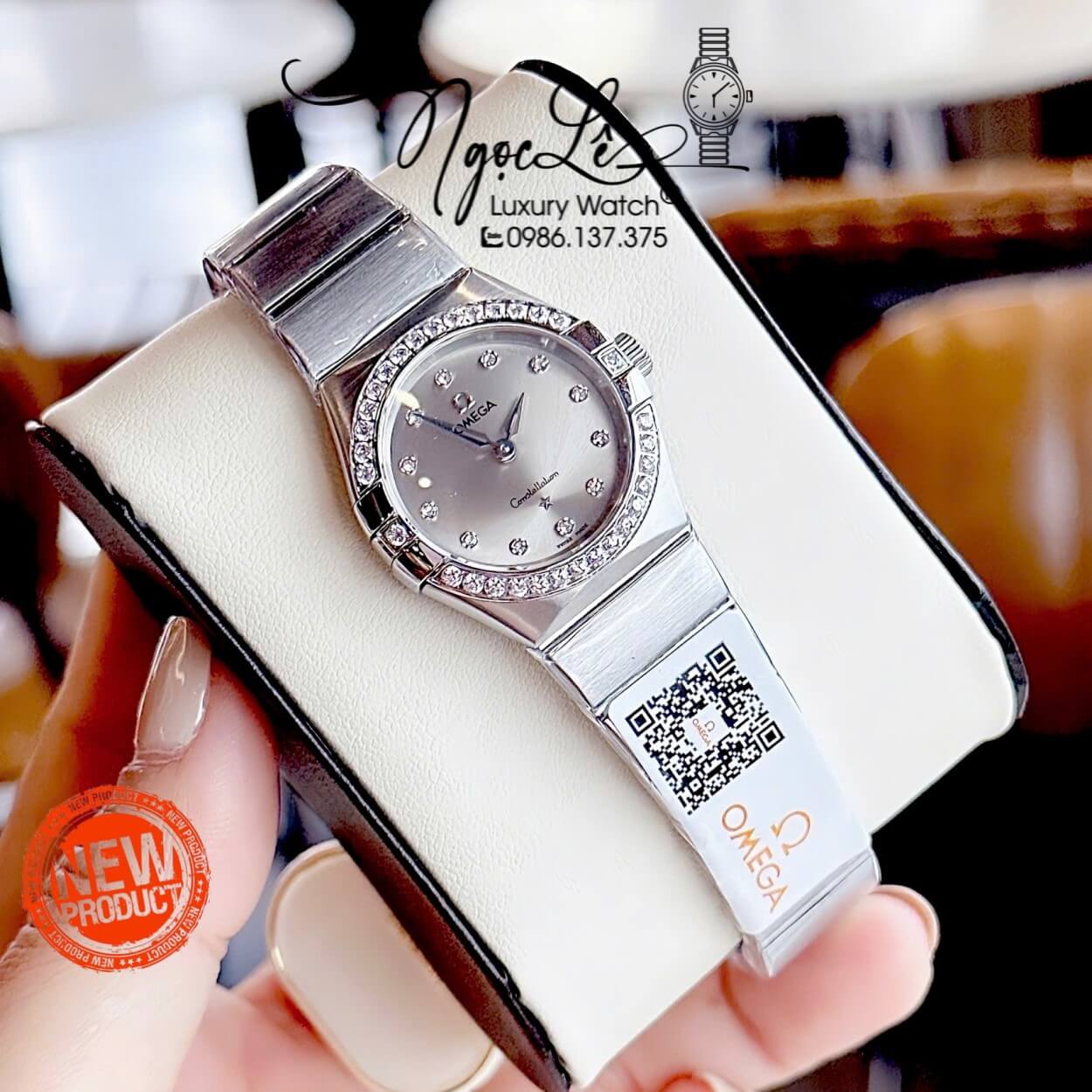 Đồng Hồ Nữ Omega Constellation Dây Kim Loại Silver Mặt Xám Đính Đá Size 29mm