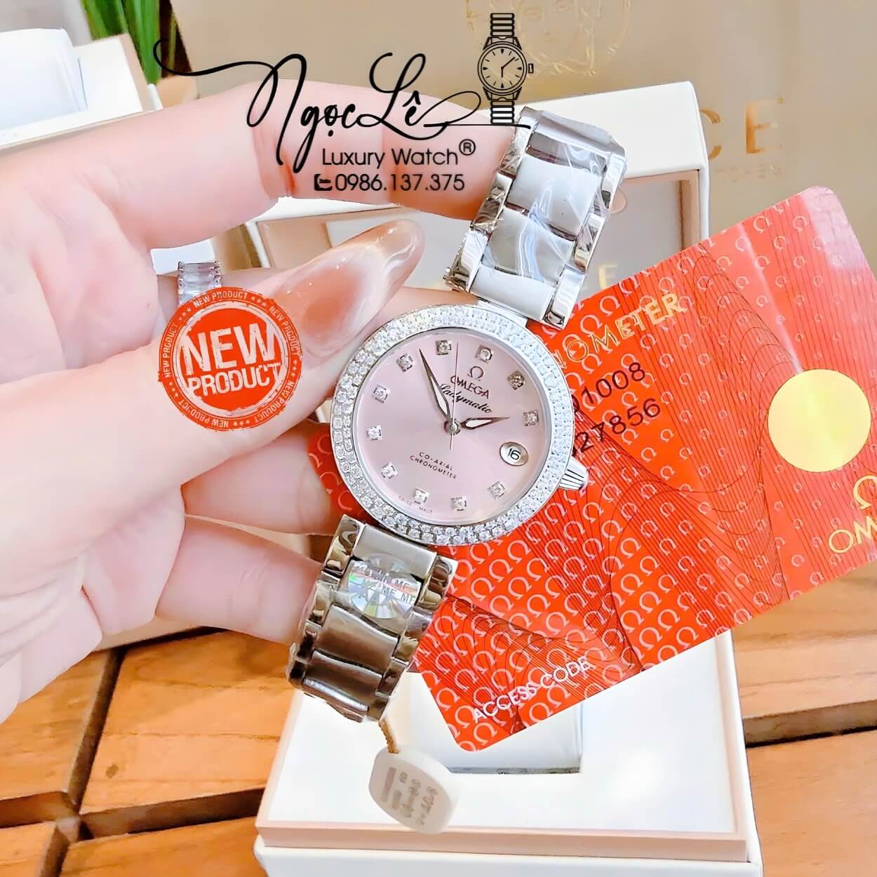 Đồng Hồ Nữ Omega De Ville Dây Kim Loại Silver Mặt Hồng Phấn Đính Đá Size 34mm