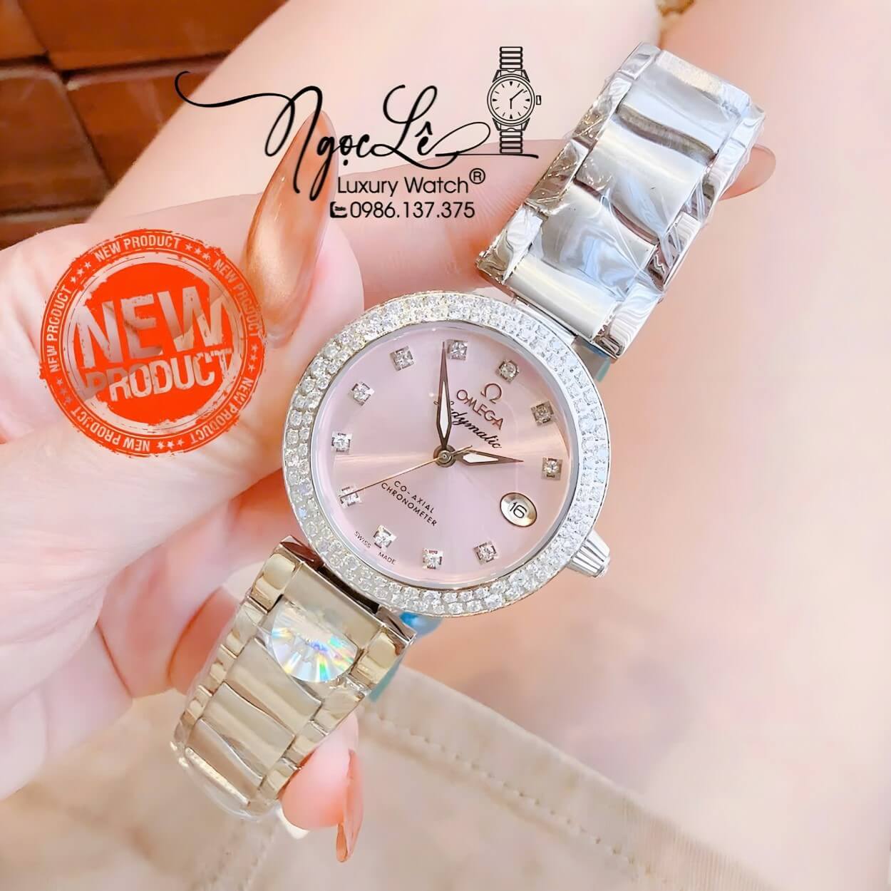 Đồng Hồ Nữ Omega De Ville Dây Kim Loại Silver Mặt Hồng Phấn Đính Đá Size 34mm