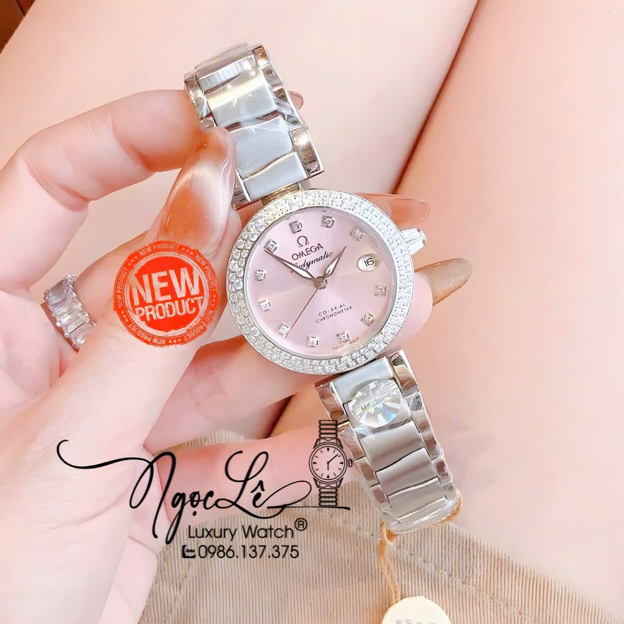 Đồng Hồ Nữ Omega De Ville Dây Kim Loại Silver Mặt Hồng Phấn Đính Đá Size 34mm