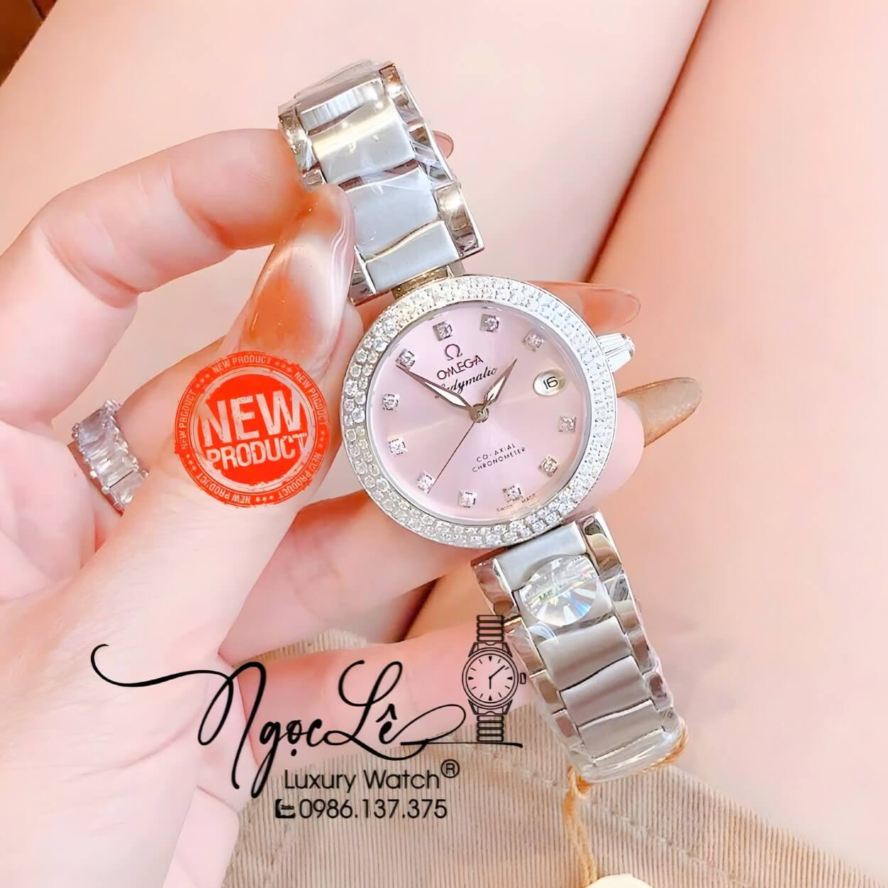 Đồng Hồ Nữ Omega De Ville Dây Kim Loại Silver Mặt Hồng Phấn Đính Đá Size 34mm