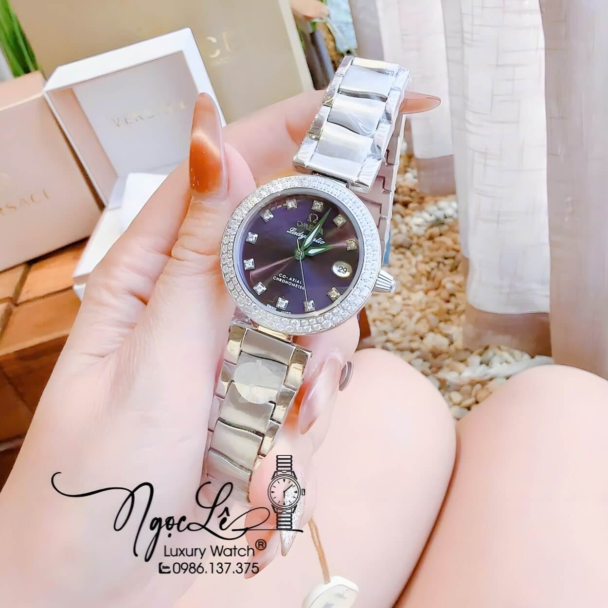 Đồng Hồ Nữ Omega De Ville Dây Kim Loại Silver Mặt Tím Đính Đá Size 34mm
