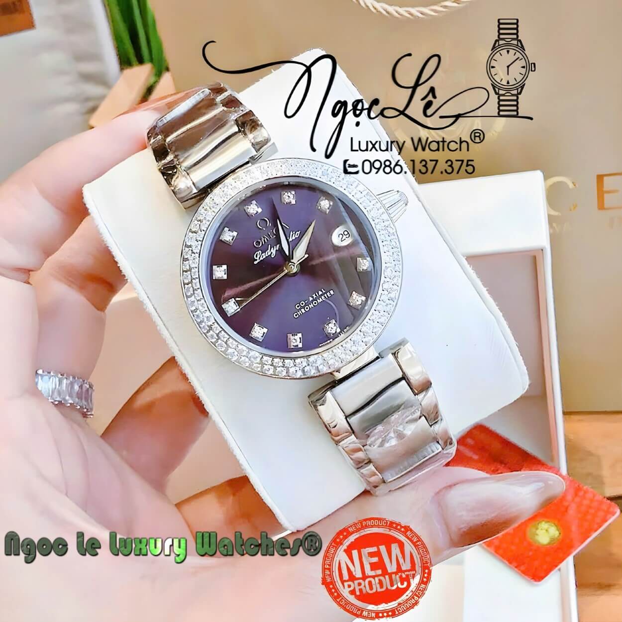 Đồng Hồ Nữ Omega De Ville Dây Kim Loại Silver Mặt Tím Đính Đá Size 34mm
