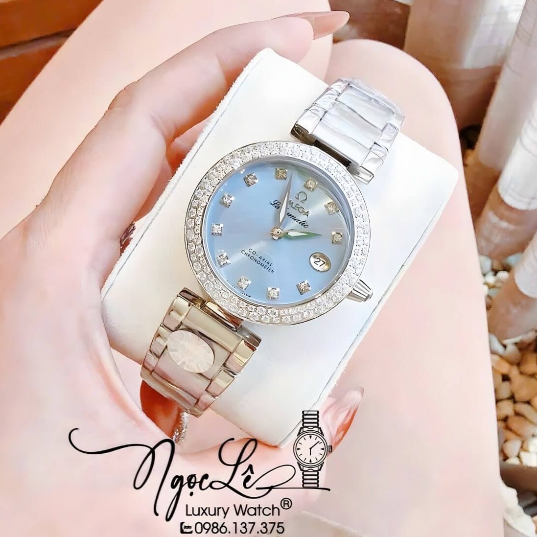 Đồng Hồ Nữ Omega De Ville Dây Kim Loại Silver Mặt Xanh Da Trời Đính Đá Size 34mm