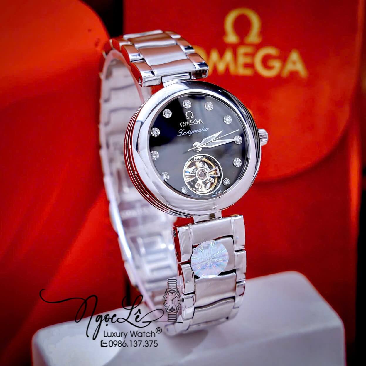 Đồng Hồ Nữ Omega Ladymatic Dây Kim Loại Màu Bạc Mặt Đen Xà Cừ Size 34mm (Automatic)
