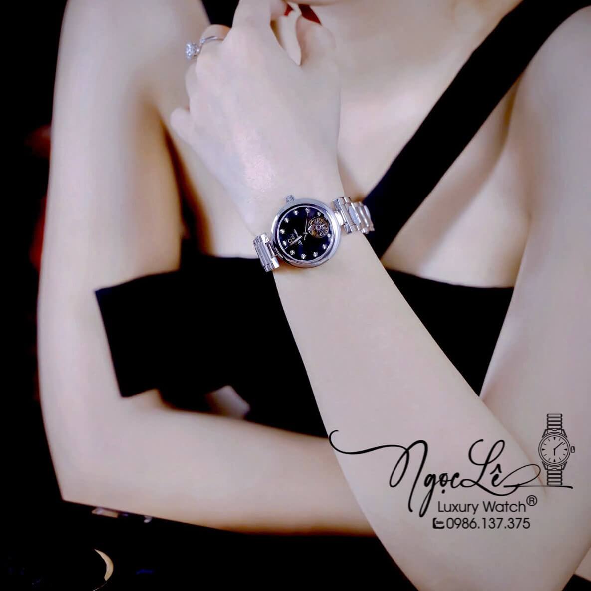 Đồng Hồ Nữ Omega Ladymatic Dây Kim Loại Màu Bạc Mặt Đen Xà Cừ Size 34mm (Automatic)