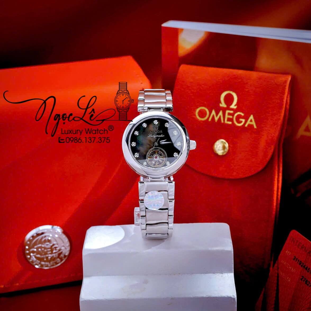 Đồng Hồ Nữ Omega Ladymatic Dây Kim Loại Màu Bạc Mặt Đen Xà Cừ Size 34mm (Automatic)