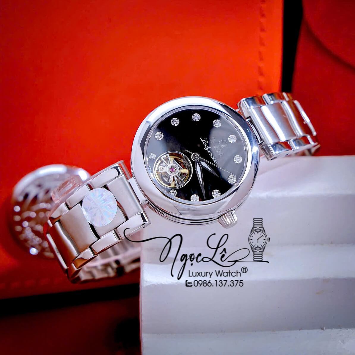 Đồng Hồ Nữ Omega Ladymatic Dây Kim Loại Màu Bạc Mặt Đen Xà Cừ Size 34mm (Automatic)