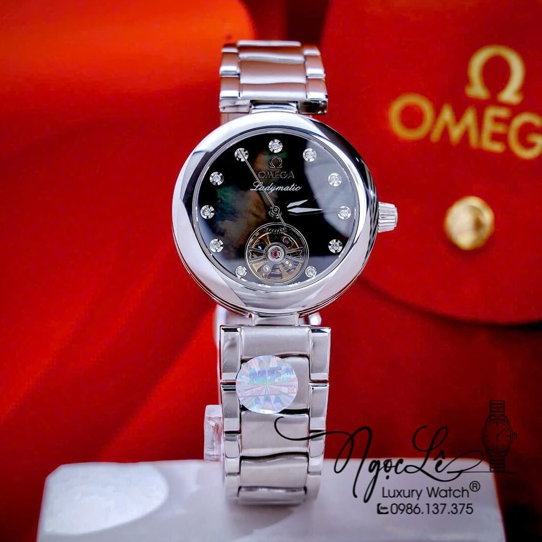 Đồng Hồ Nữ Omega Ladymatic Dây Kim Loại Màu Bạc Mặt Đen Xà Cừ Size 34mm (Automatic)