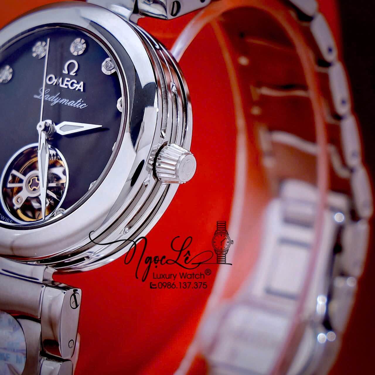 Đồng Hồ Nữ Omega Ladymatic Dây Kim Loại Màu Bạc Mặt Đen Xà Cừ Size 34mm (Automatic)