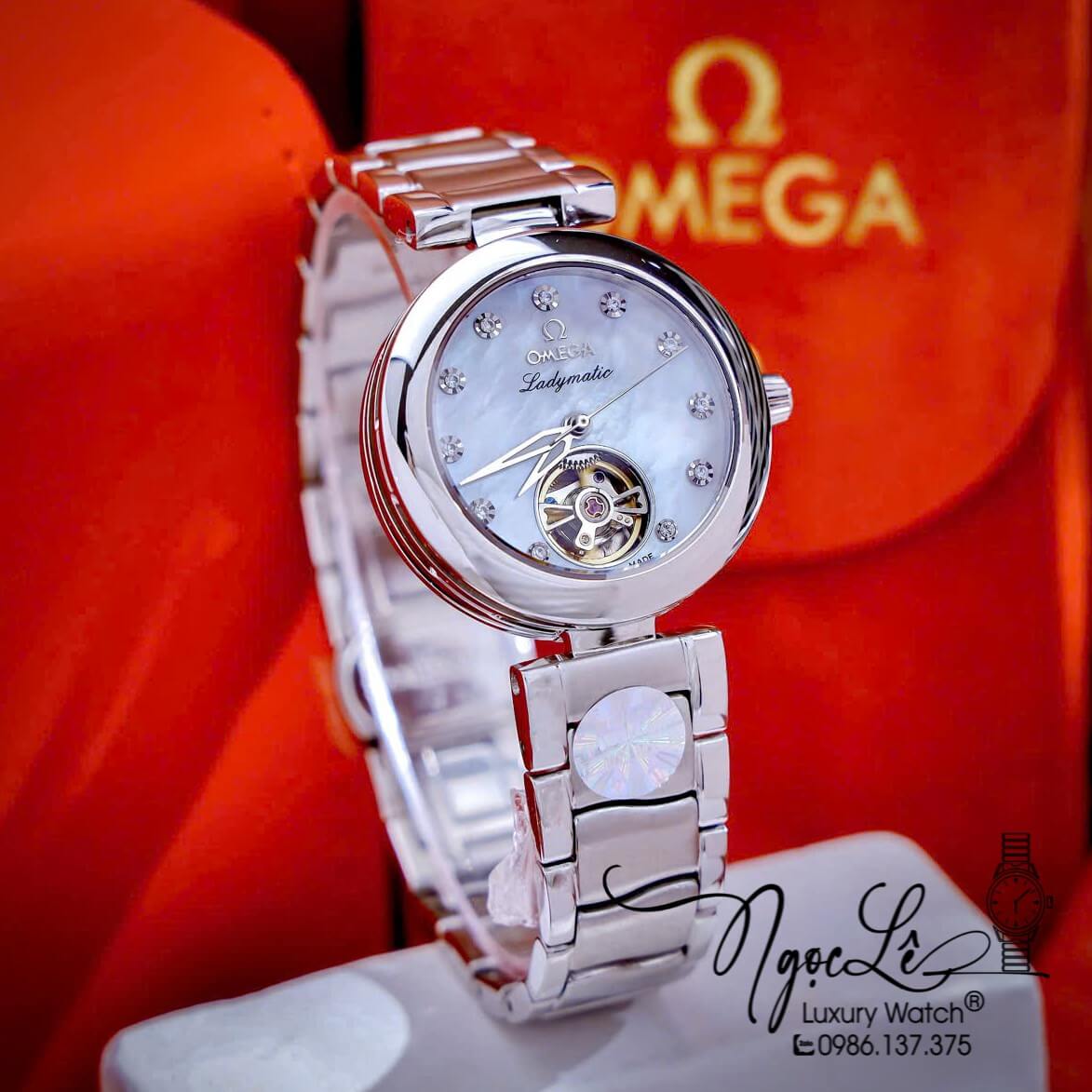 Đồng Hồ Nữ Omega Ladymatic Dây Kim Loại Màu Bạc Mặt Trắng Xà Cừ Size 34mm (Automatic)