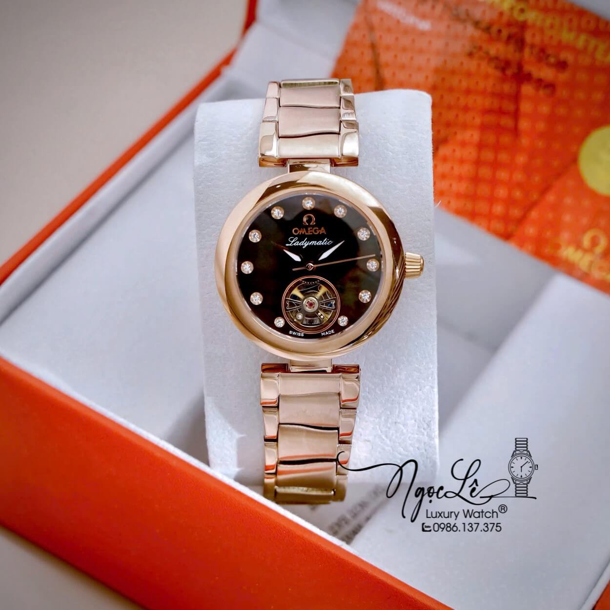 Đồng Hồ Nữ Omega Ladymatic Dây Kim Loại Rose Gold Mặt Đen Xà Cừ Size 34mm (Automatic)