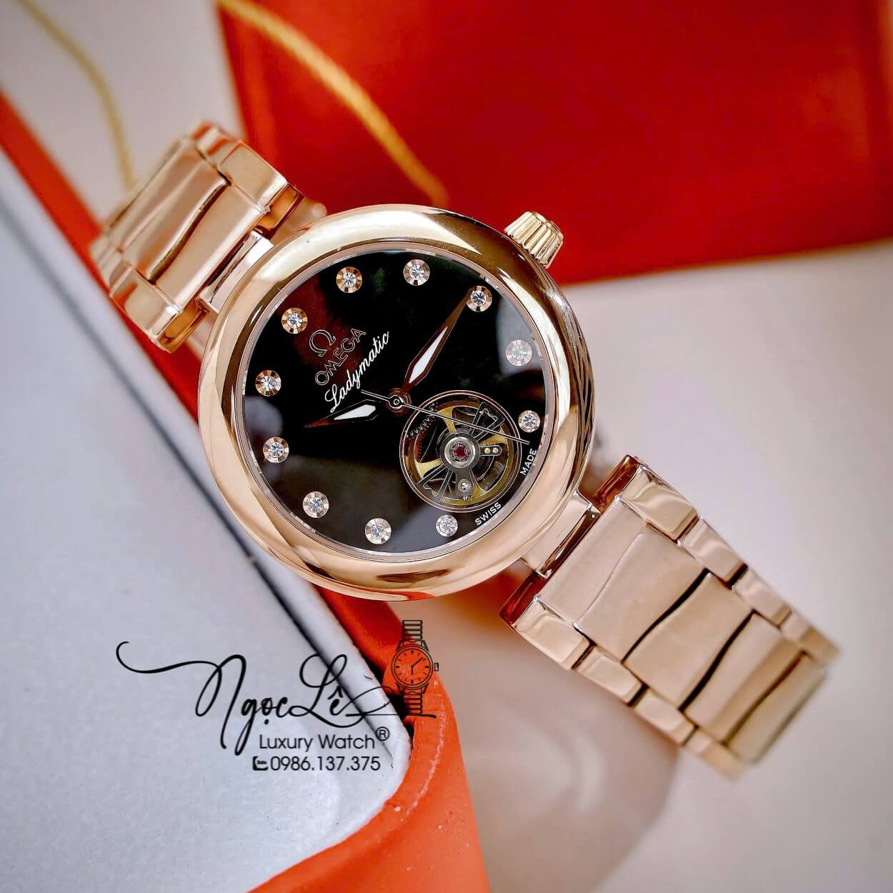 Đồng Hồ Nữ Omega Ladymatic Dây Kim Loại Rose Gold Mặt Đen Xà Cừ Size 34mm (Automatic)