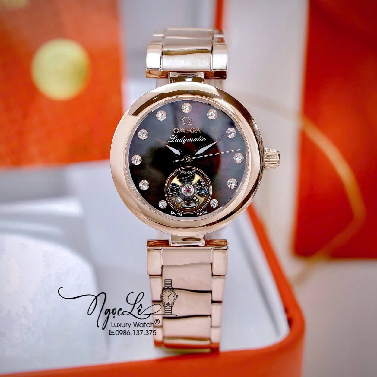 Đồng Hồ Nữ Omega Ladymatic Dây Kim Loại Rose Gold Mặt Đen Xà Cừ Size 34mm (Automatic)