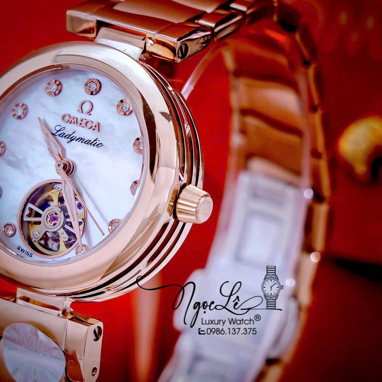 Đồng Hồ Nữ Omega Ladymatic Dây Kim Loại Rose Gold Mặt Trắng Xà Cừ Size 34mm (Automatic)