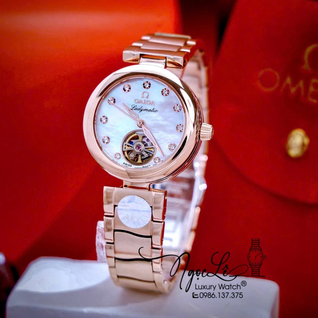 Đồng Hồ Nữ Omega Ladymatic Dây Kim Loại Rose Gold Mặt Trắng Xà Cừ Size 34mm (Automatic)