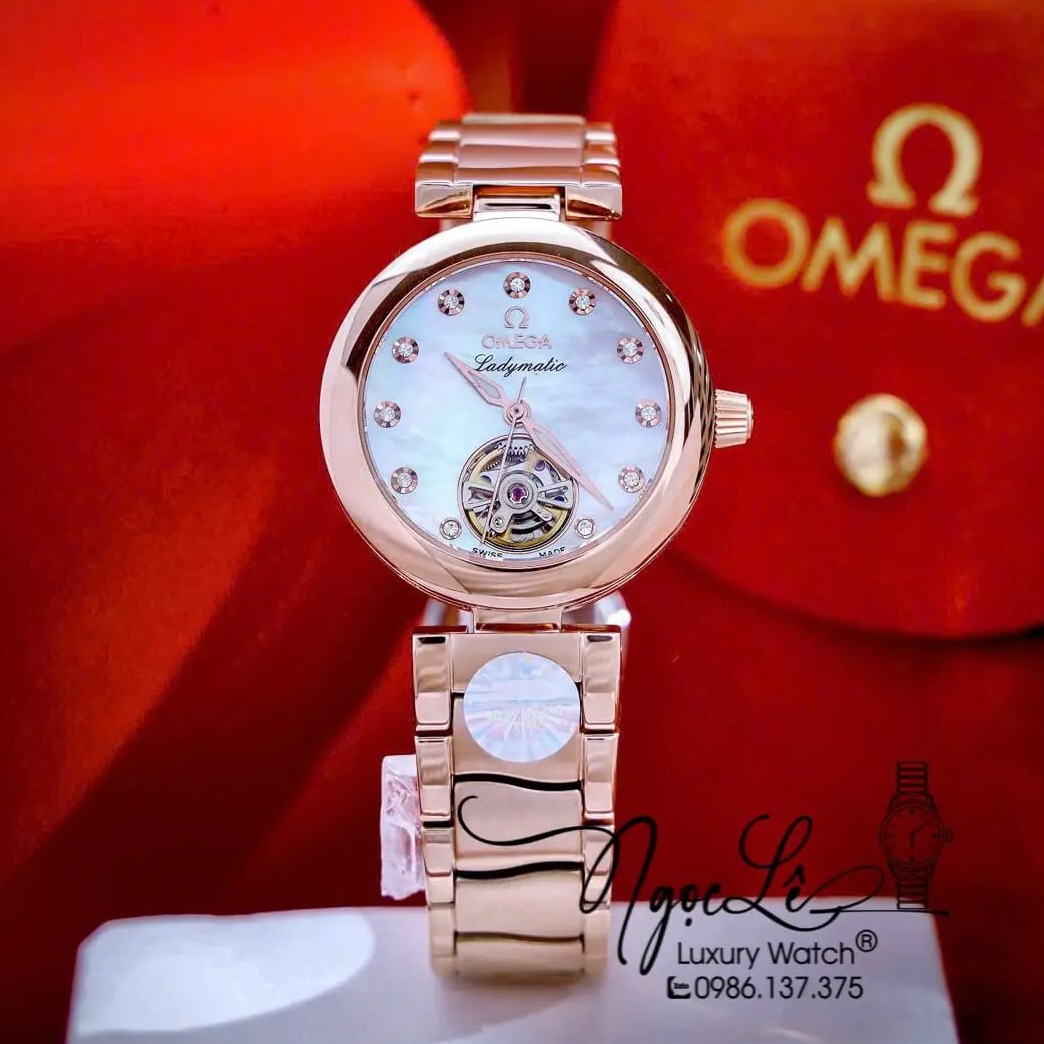 Đồng Hồ Nữ Omega Ladymatic Dây Kim Loại Rose Gold Mặt Trắng Xà Cừ Size 34mm (Automatic)