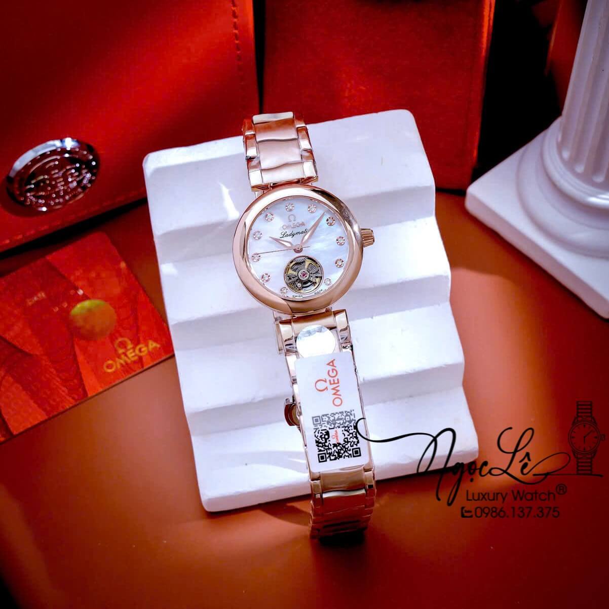 Đồng Hồ Nữ Omega Ladymatic Dây Kim Loại Rose Gold Mặt Trắng Xà Cừ Size 34mm (Automatic)