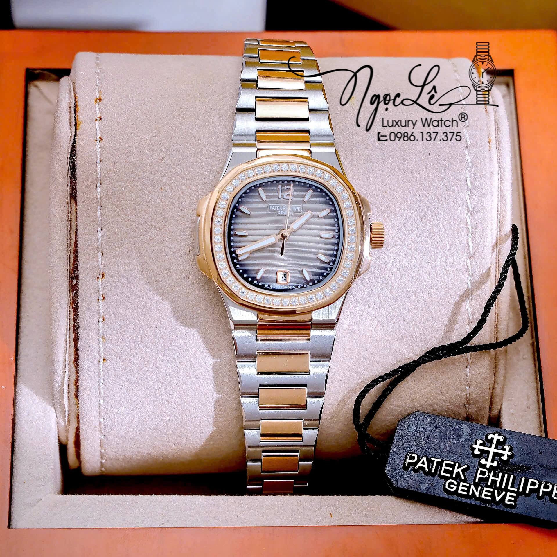 Đồng Hồ Nữ Patek Philippe Nautilus Dây Kim Loại Demi Rose Mặt Ombre Viền Đính Đá 32mm - Quartz