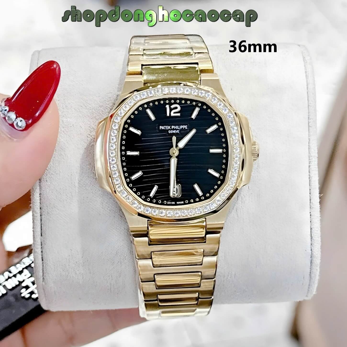 Đồng Hồ Nữ Patek Philippe Nautilus Dây Vàng Gold Mặt Đen Máy Thụy Sĩ Size 36mm - Viền Đá