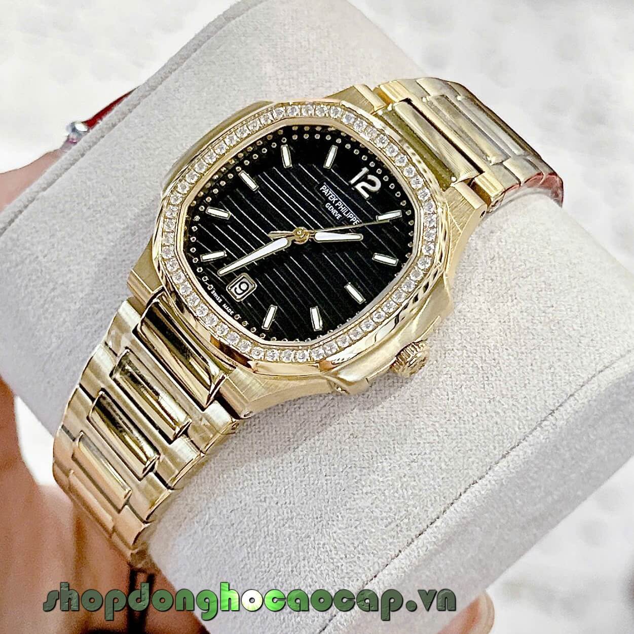 Đồng Hồ Nữ Patek Philippe Nautilus Dây Vàng Gold Mặt Đen Máy Thụy Sĩ Size 36mm - Viền Đá