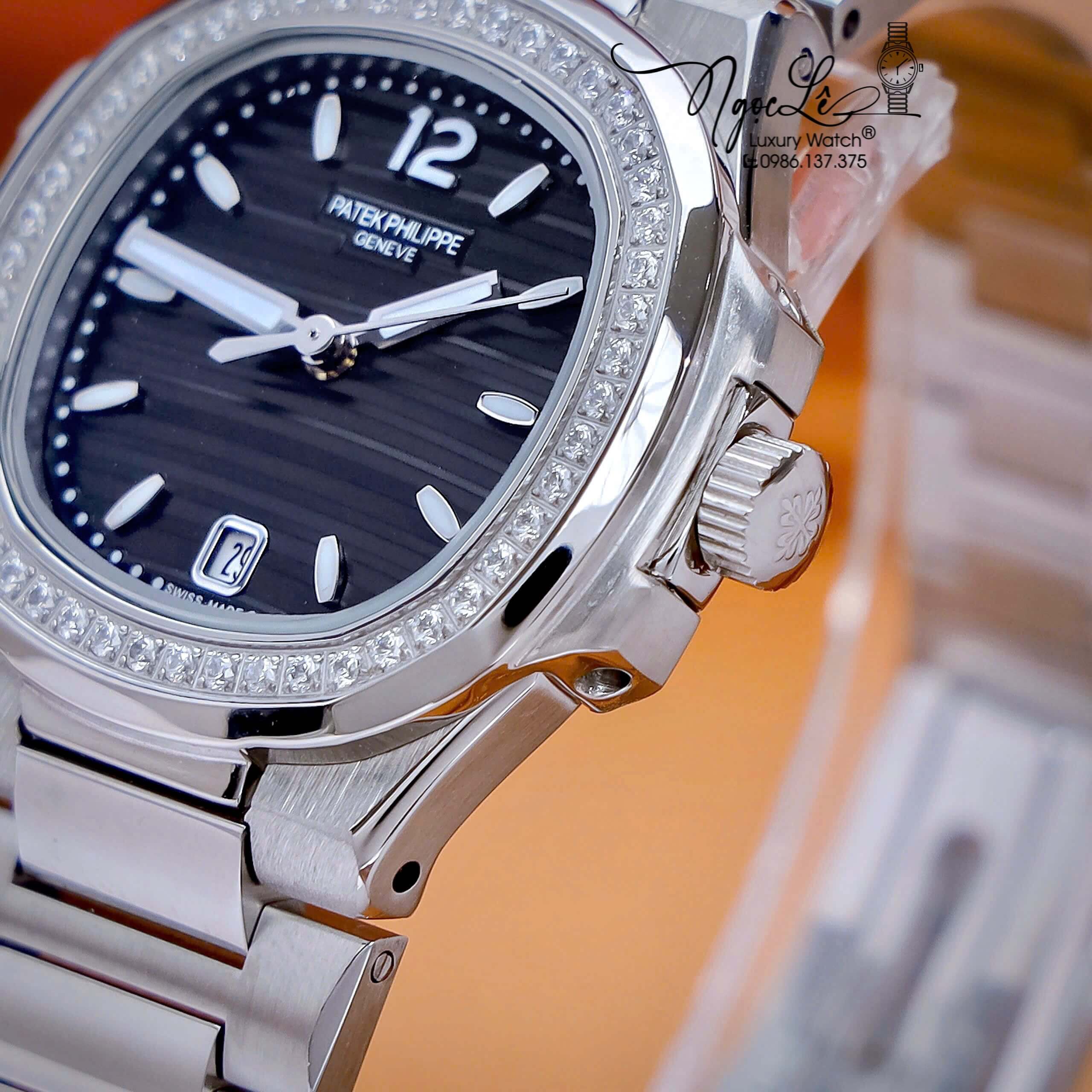 Đồng Hồ Nữ Patek Philippe Nautilus Dây Kim Loại Silver Mặt Đen Viền Đính Đá 32mm - Quartz