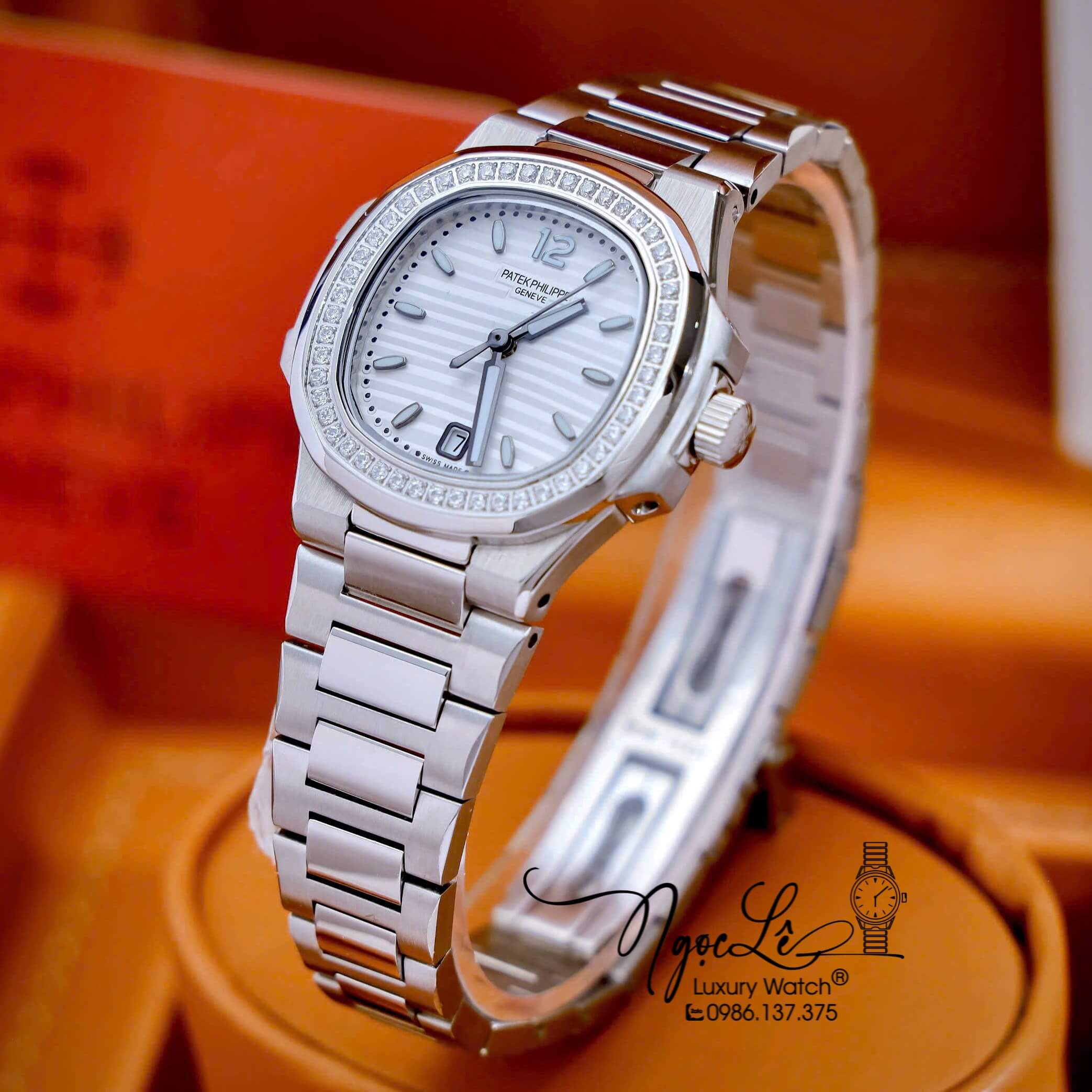 Đồng Hồ Nữ Patek Philippe Nautilus Dây Kim Loại Silver Mặt Trắng Viền Đính Đá 32mm - Quartz