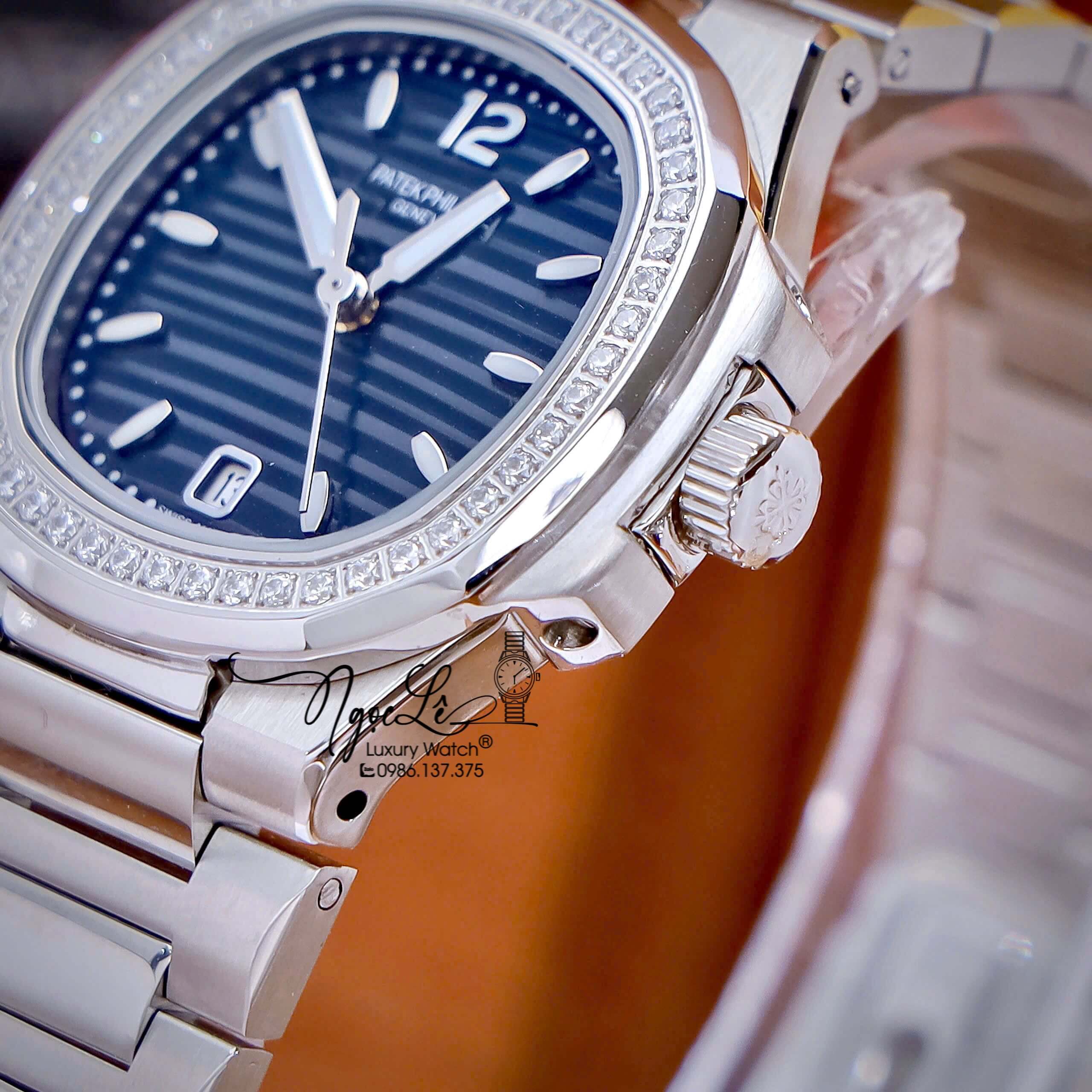 Đồng Hồ Nữ Patek Philippe Nautilus Dây Kim Loại Silver Mặt Xanh Dương Viền Đính Đá 32mm - Quartz