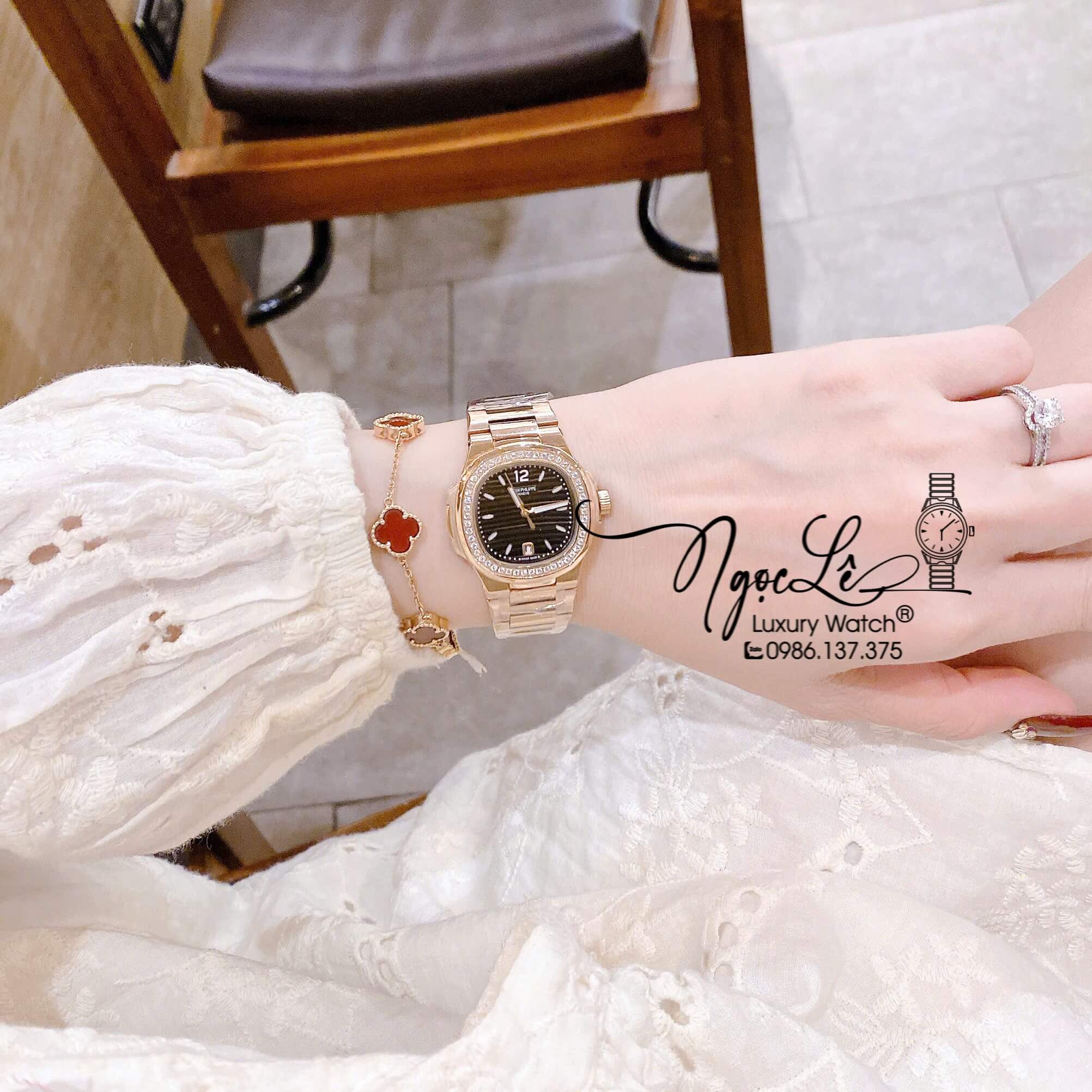 Đồng Hồ Nữ Patek Philippe Nautilus Dây Kim Loại Vàng Hồng Mặt Đen Viền Đính Đá 32mm - Quartz