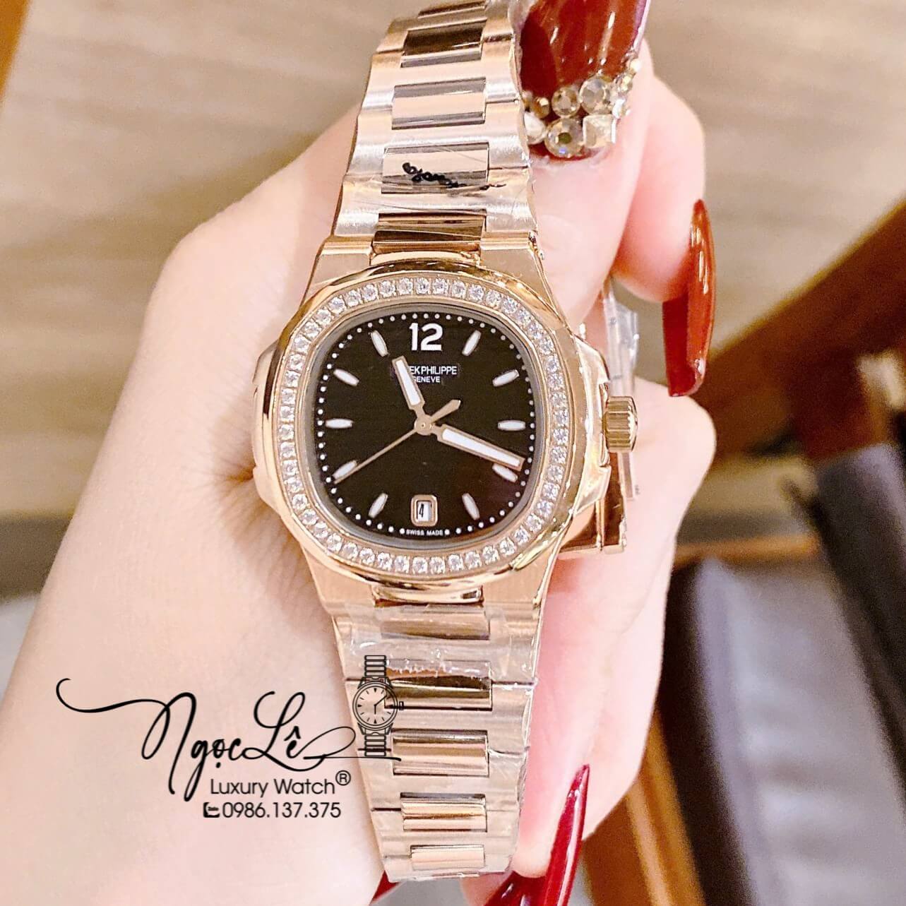 Đồng Hồ Nữ Patek Philippe Nautilus Dây Kim Loại Vàng Hồng Mặt Đen Viền Đính Đá 32mm - Quartz